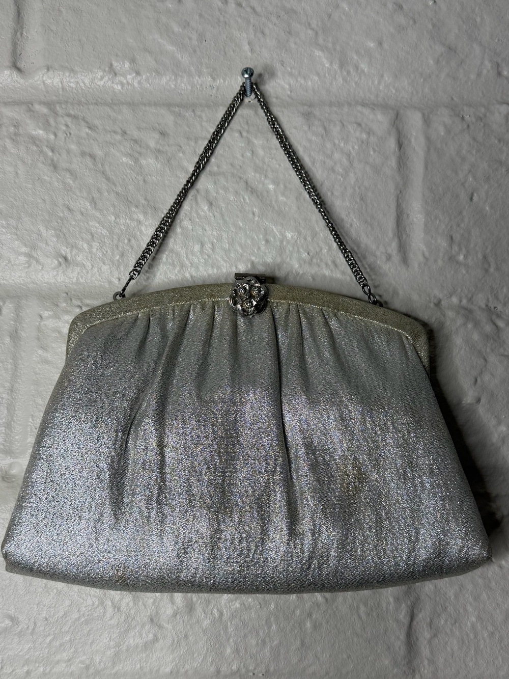 HL Harry Levine USA Evening Bag Shimmering Silver Fabric Chain Strap Rhinestone‎